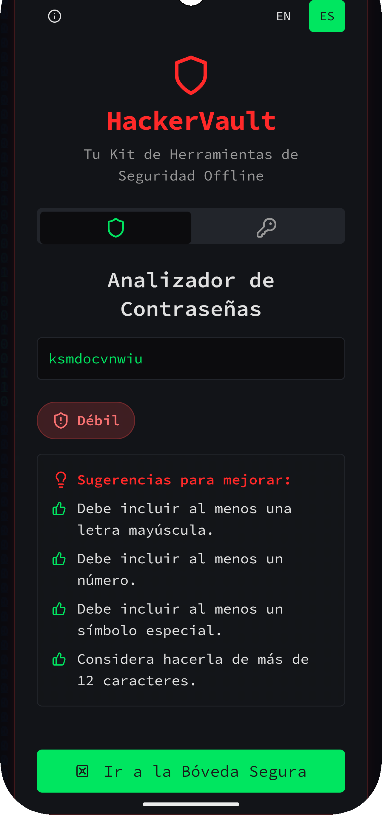 Vista previa de la aplicación HackerVault - Contraseñas Fuertes